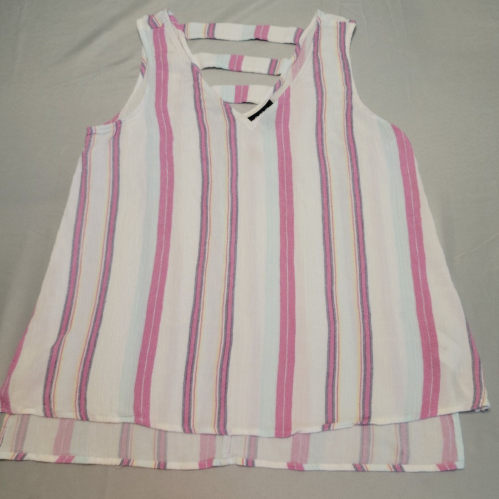 a.n.a Tank Top Womens Small Pink Blue Striped Strappy Back Boho V-Neck Coastal